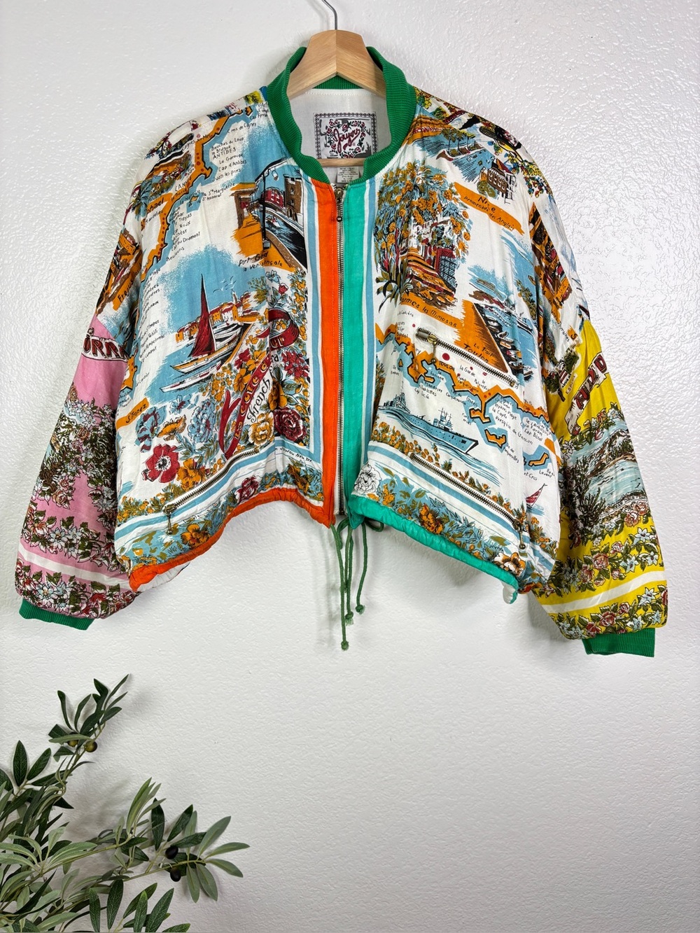 Vintage Printed Cropped Bomber Jacket
